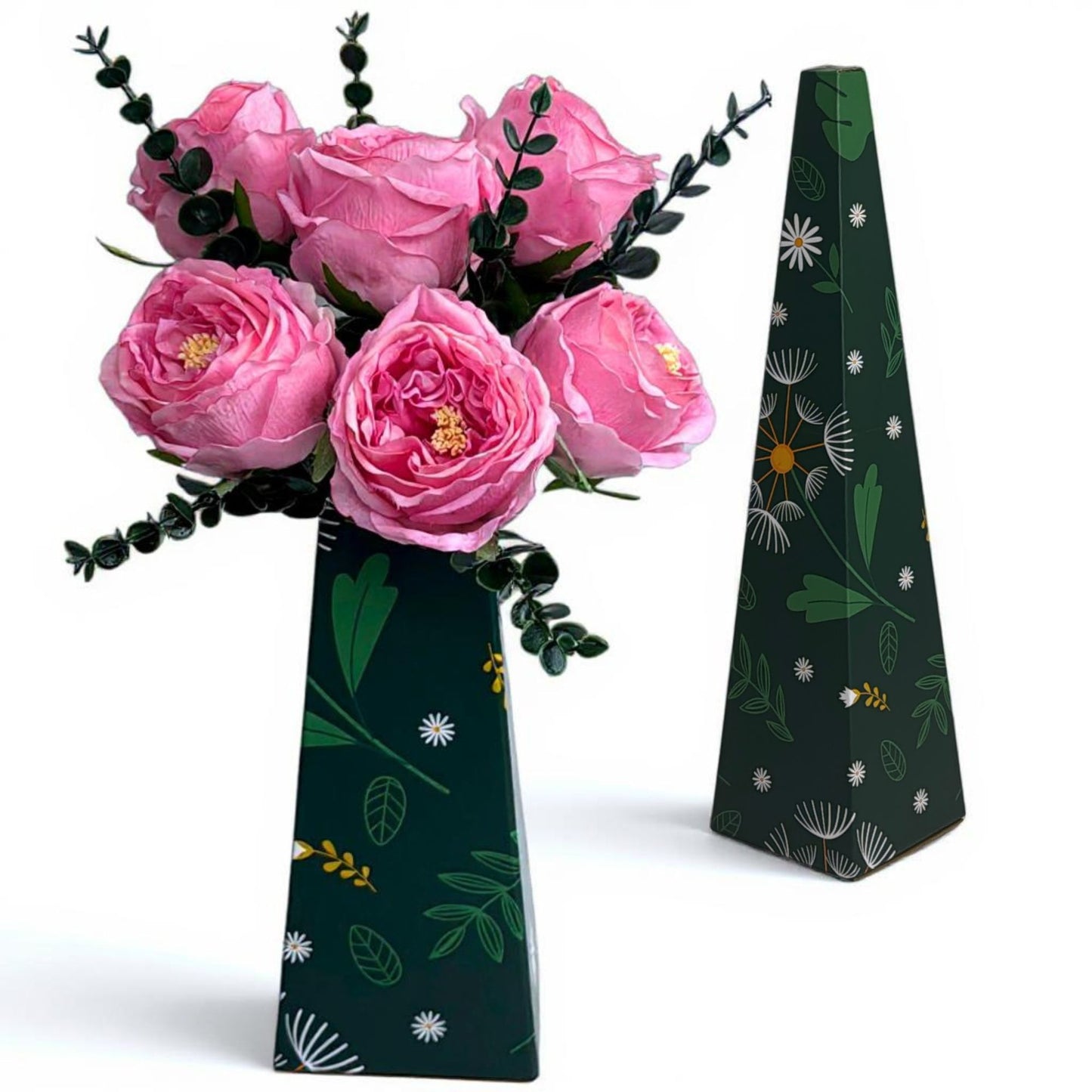 Real Touch Artificial Austin Roses, 6 Faux Rose Stems + 6 Eucalyptus Leaves