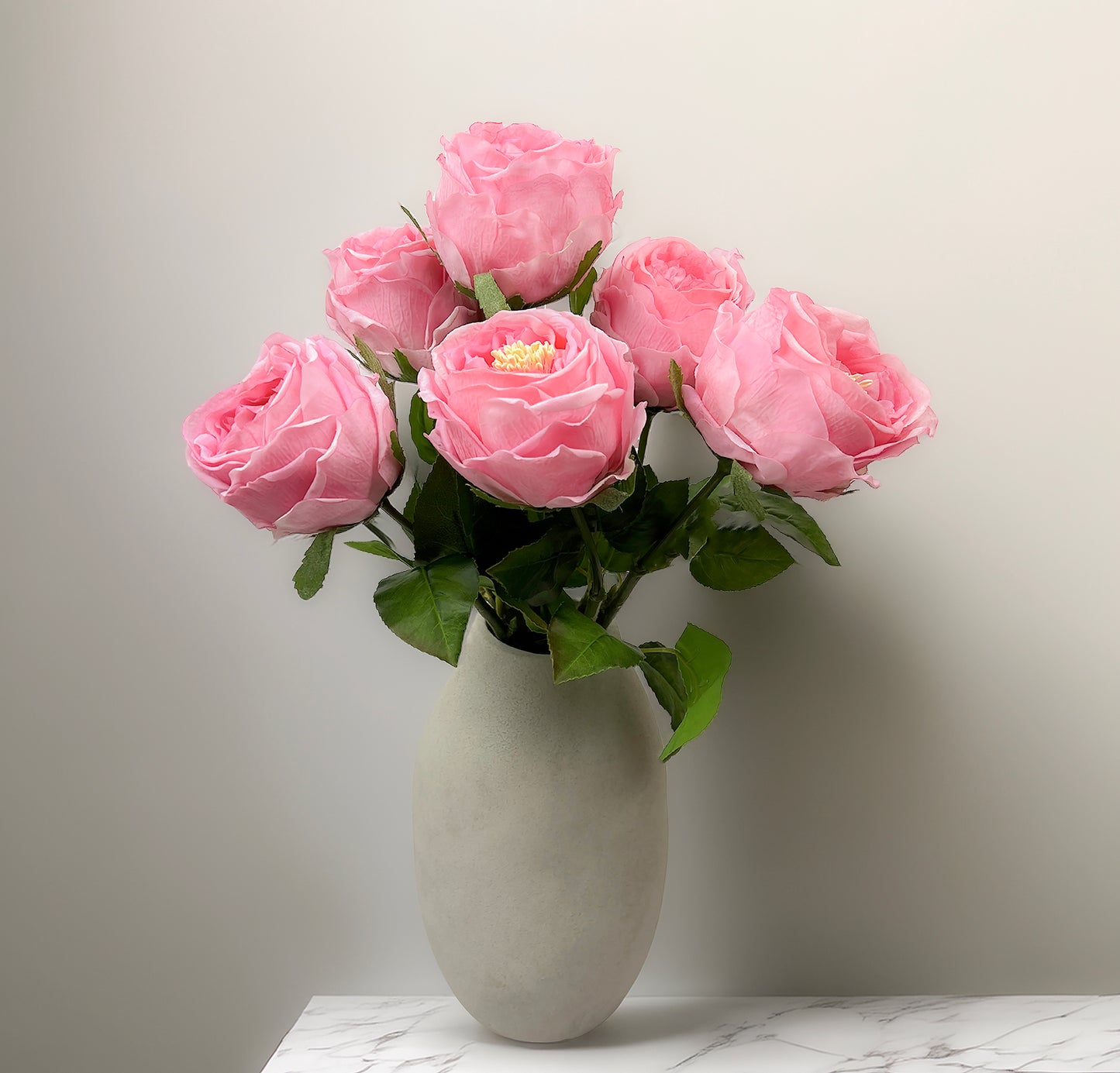 Real Touch Artificial Austin Roses, 6 Faux Rose Stems + 6 Eucalyptus Leaves