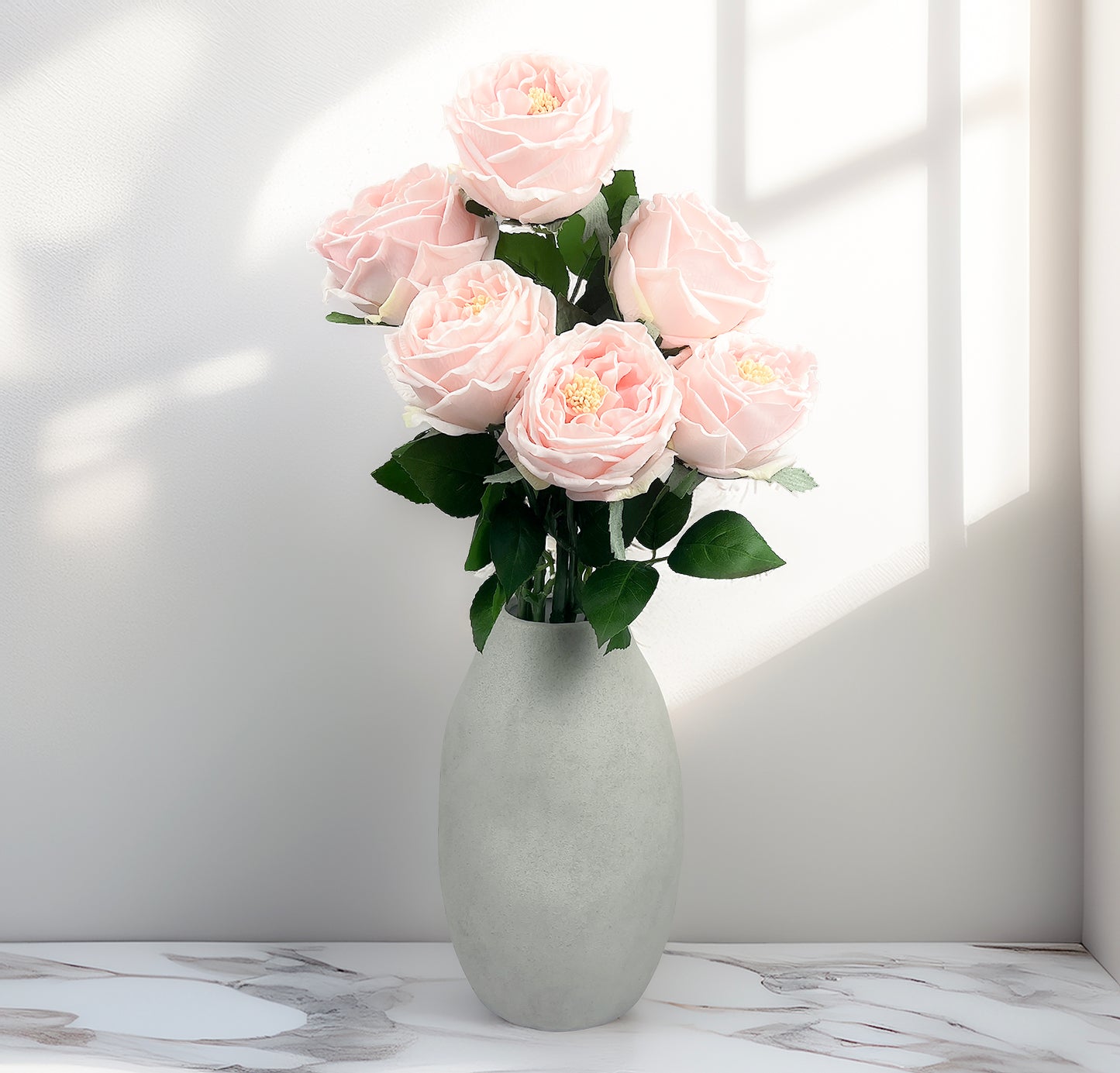 Real Touch Artificial Austin Roses, 6 Faux Rose Stems + 6 Eucalyptus Leaves