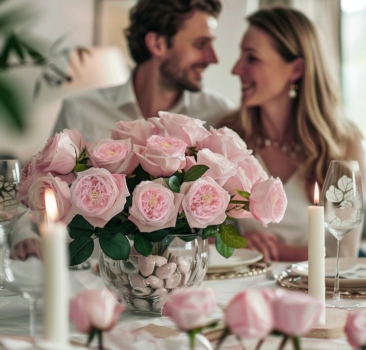 Real Touch Artificial Austin Roses, 6 Faux Rose Stems + 6 Eucalyptus Leaves