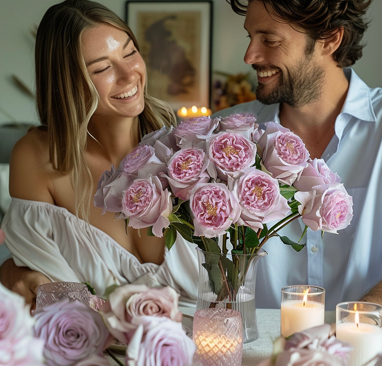 Real Touch Artificial Austin Roses, 6 Faux Rose Stems + 6 Eucalyptus Leaves