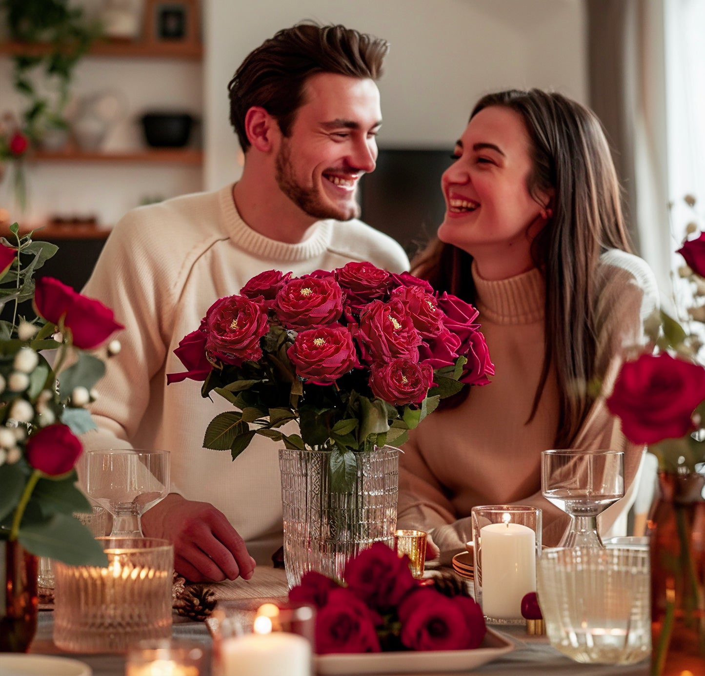 Real Touch Artificial Austin Roses, 6 Faux Rose Stems + 6 Eucalyptus Leaves