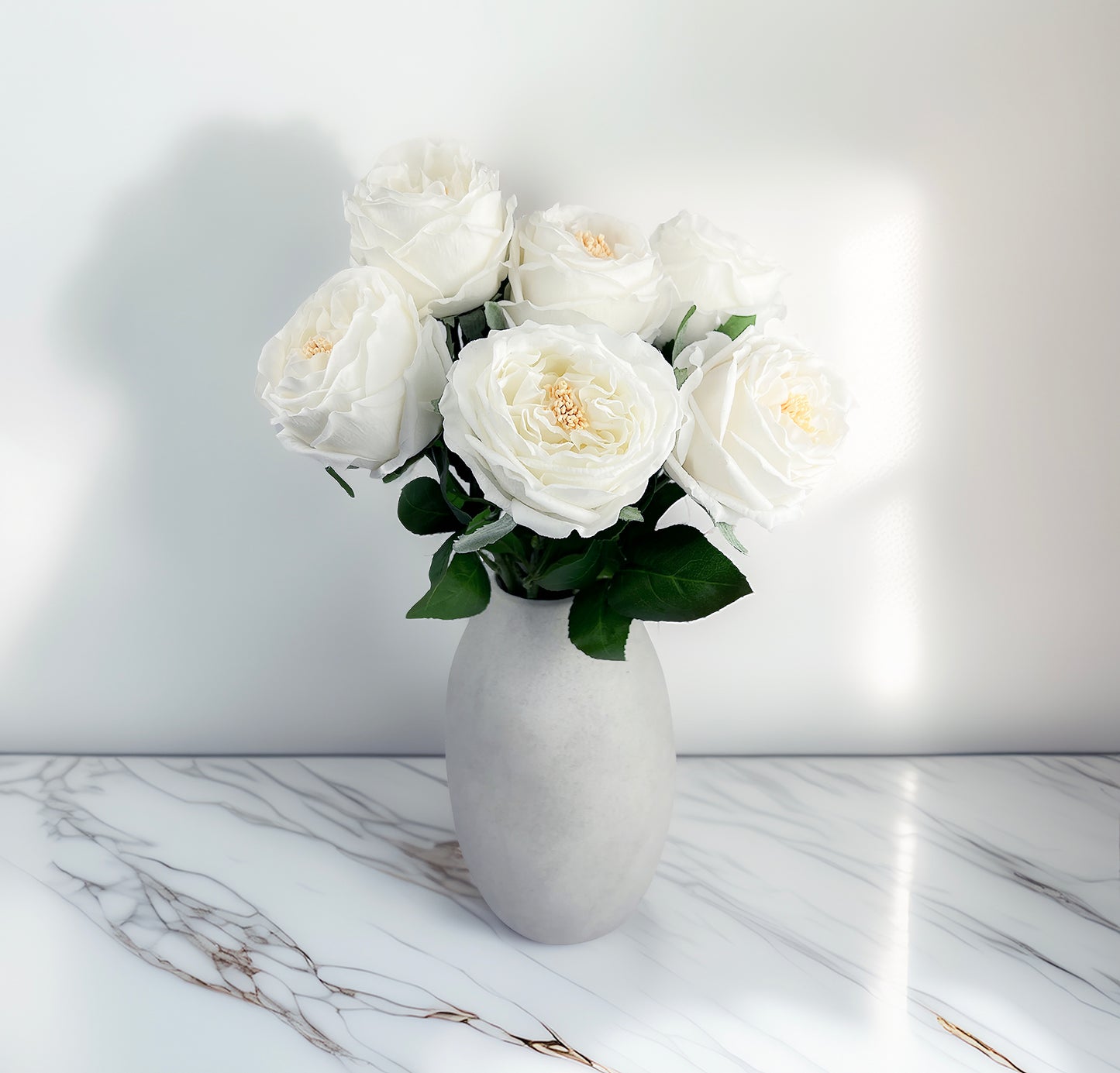 Real Touch Artificial Austin Roses, 6 Faux Rose Stems + 6 Eucalyptus Leaves