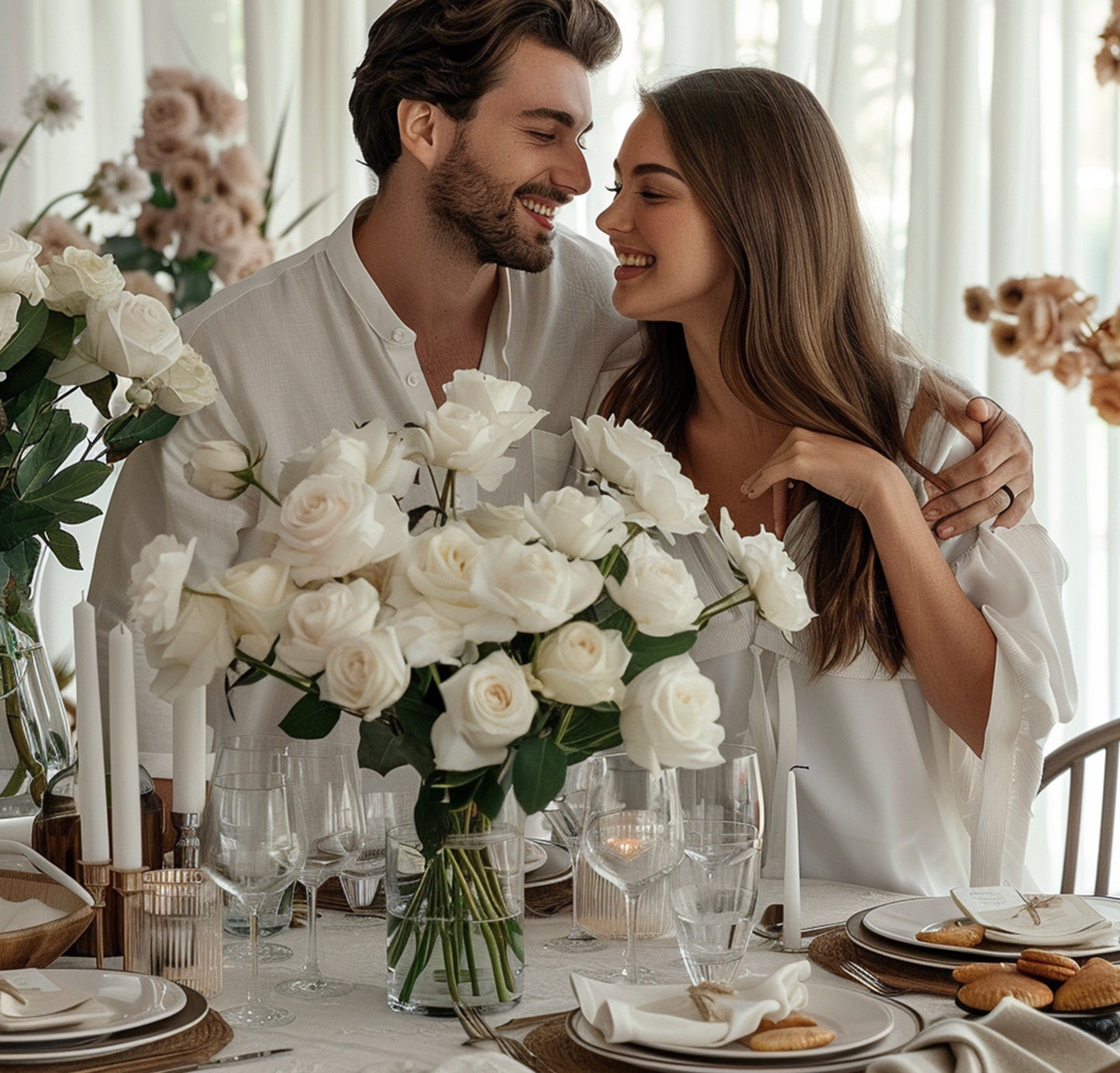 Real Touch Artificial Austin Roses, 6 Faux Rose Stems + 6 Eucalyptus Leaves